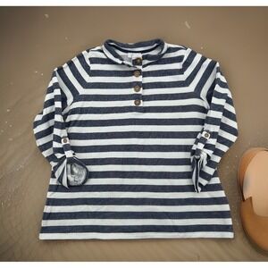 Denim & Co Wms Striped Henley Top L Navy White Roll Tab Sleeve Coastal Preppy